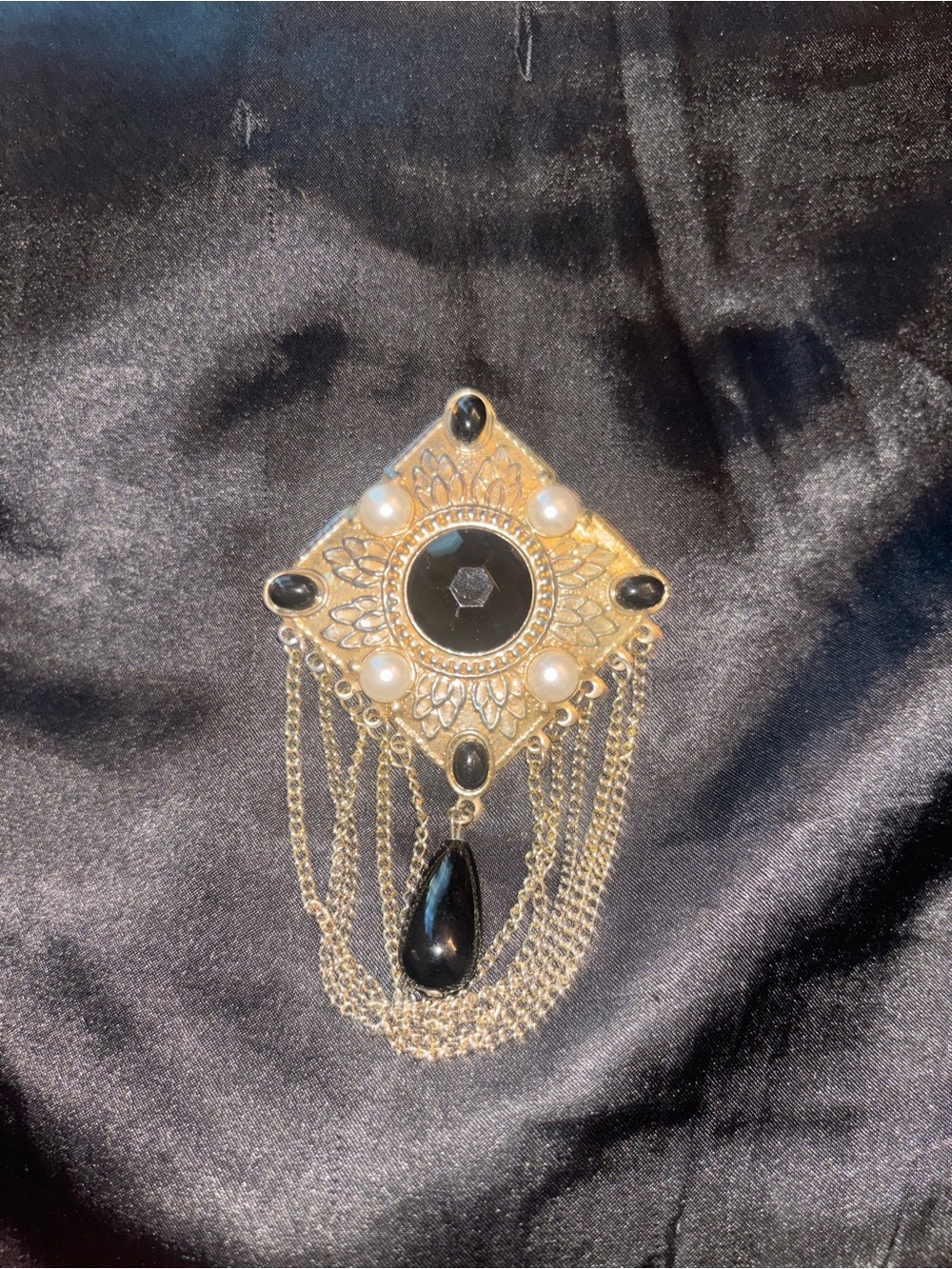 Vintage Gold Black and Pearl Drop Statement Brooch